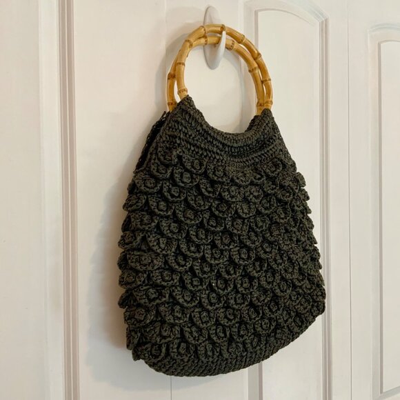 J. Crew Black Straw Hobo Bag Tote Double Bamboo Handles Large - Picture 2 of 9